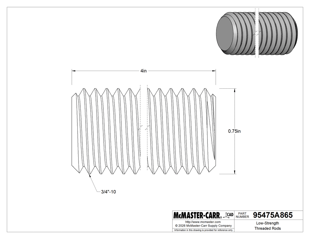 Technical Drawing of Zinc-Plated Low-Strength Steel Threaded Rod, 3/4"-10 Thread Size, 4" Long.